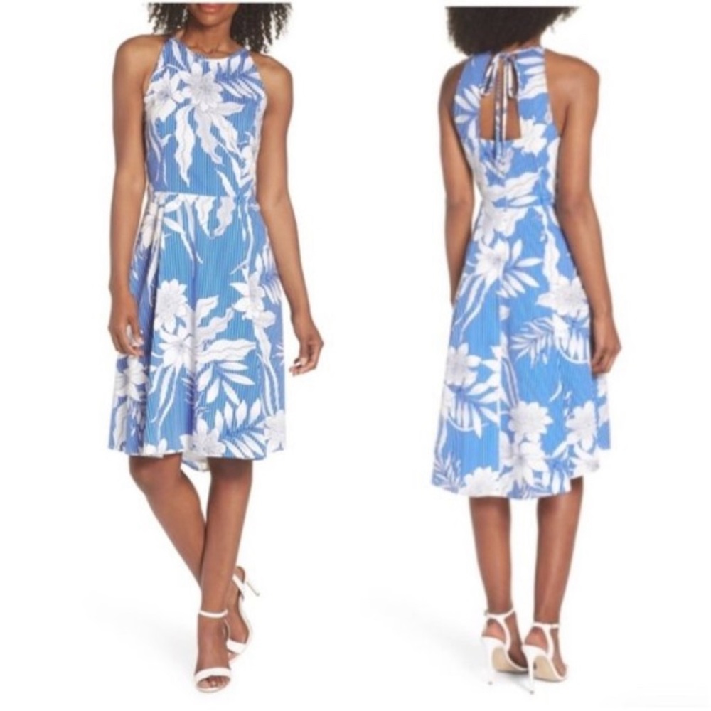Maggy London Print Poplin Fit & Flare Dress
 
SOFT WHITE/ BLUE
Size 6